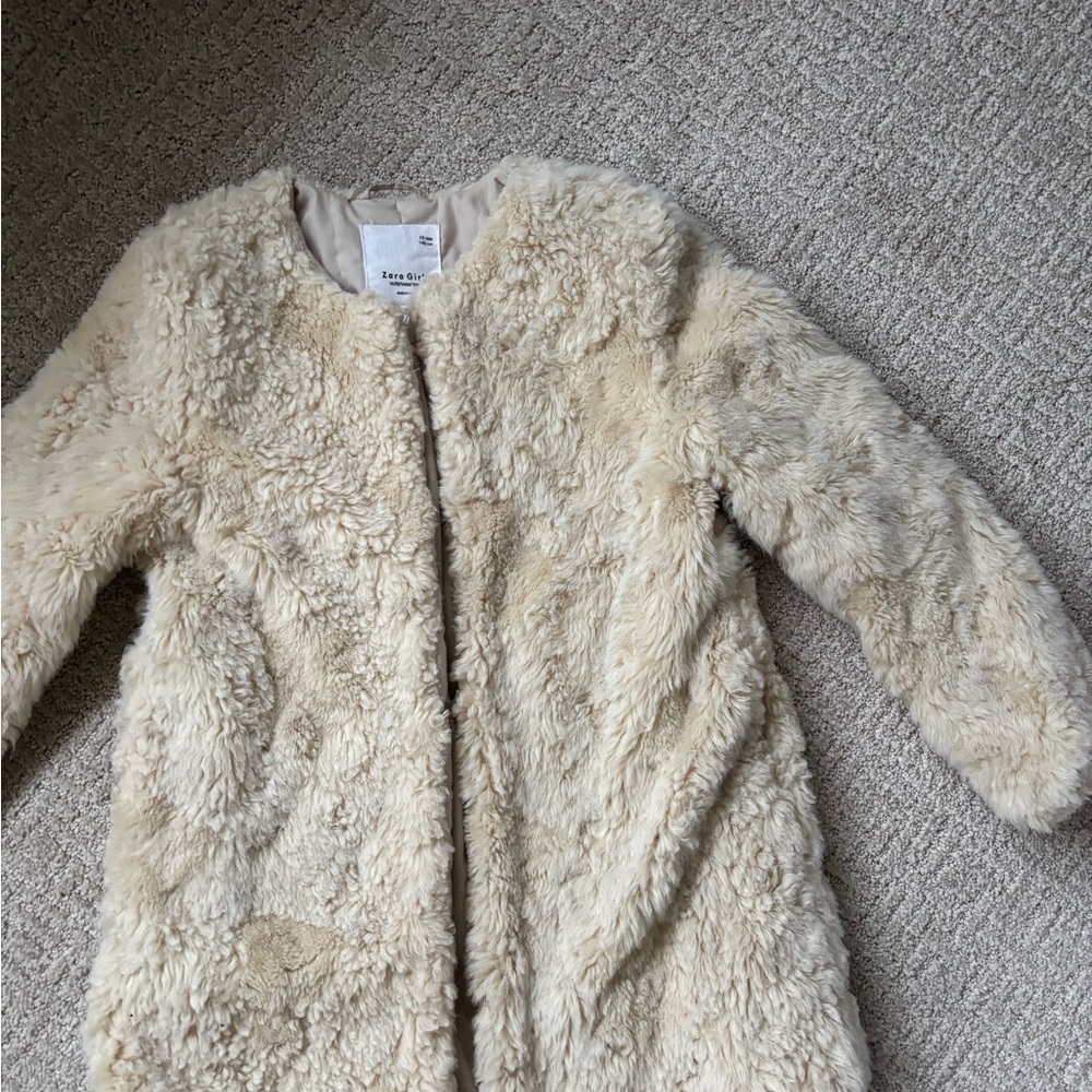 Zara Cream Pea Coat Plush Texture Mid-Length